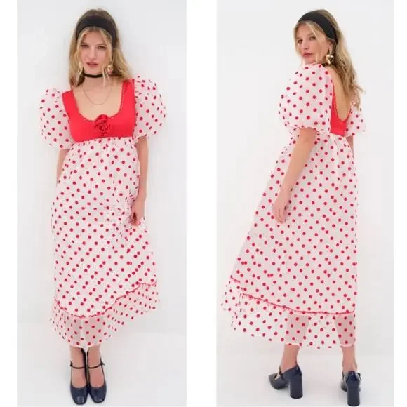 FOR LOVE & LEMONS Rhoda Polkadot Puff Sleeve Sheer Midi Dress Size XS - Picture 2 of 9
